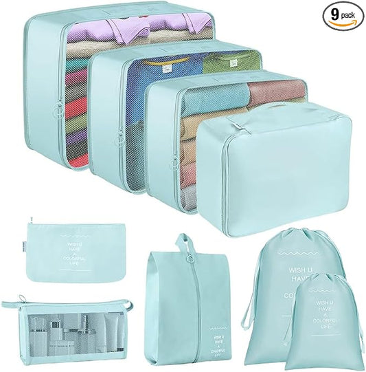 Packing Cubes for Suitcase, 9pcs Travel Luggage Packing Organizers Waterproof Travel Essentials Bag Clothes Shoes Storage Bags, Blue by Lychico