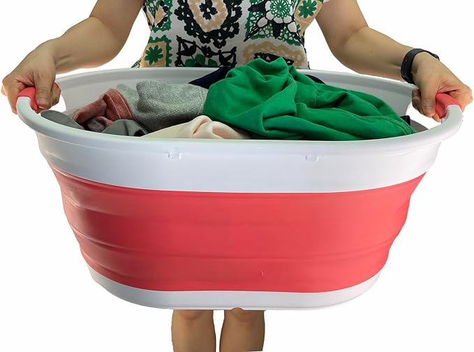 SAMMART 39L (10.3 gallons) Collapsible Plastic Laundry Basket - Foldable Washing Tub - Easy Storage & Pop Up Saving (White/Coral Pink) - Image 7