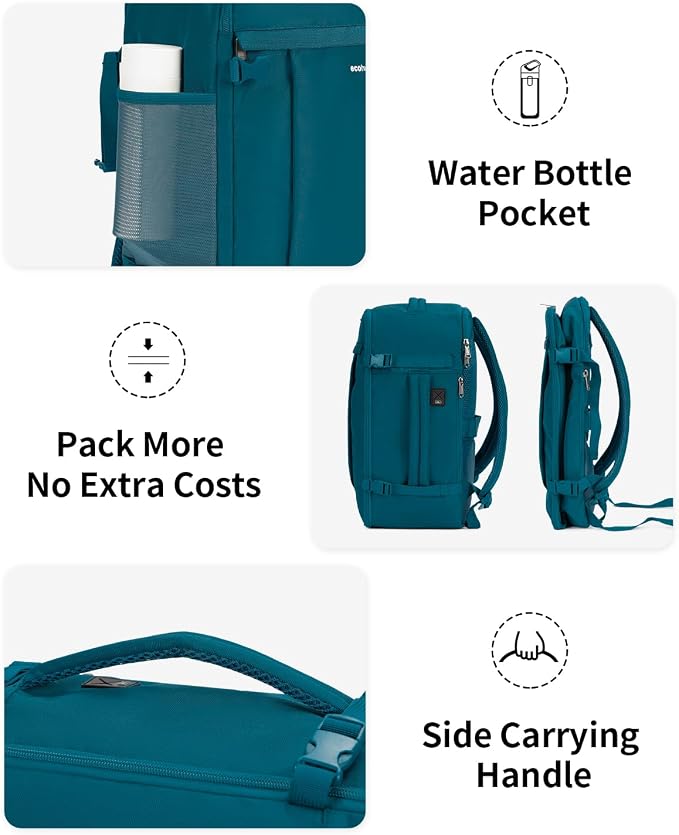 ECOHUB Travel Backpack for Men Women, Carry on Backpack with USB Charging Hole, Spirit Airlines Personal Item Bag Flight Approved, 15.6 Inch Laptop Backpack with Anti Theft Pockets, 30L, Blue Green - Image 7