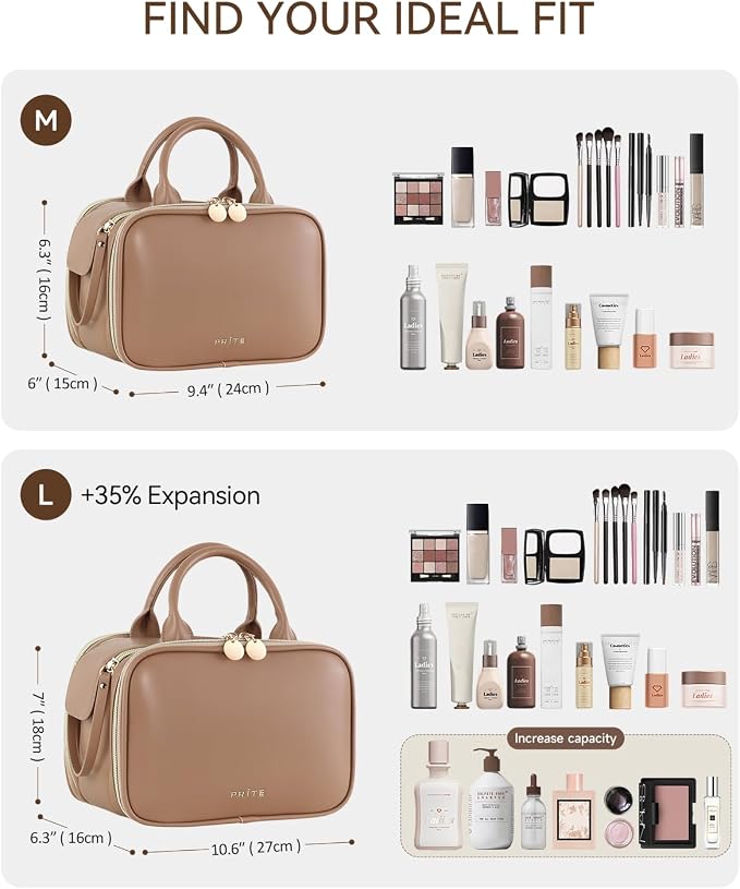 Prite Travel Makeup Bag Women’s Large Capacity Waterproof Cosmetic Organizer Portable Open Flat Toiletry Case with Free-standing Brush Holder and Handle(Brown Large) - Image 2