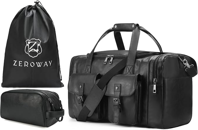 Zeroway PU Leather Travel Duffel Bag with Laundry Bag, Weekender Overnight bag Luggage Carry-On Bag with Shoe Pouch for Men or Women Black by ZerowayDirect