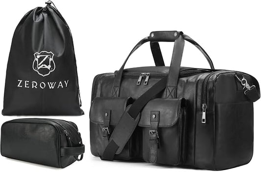 Zeroway PU Leather Travel Duffel Bag with Laundry Bag, Weekender Overnight bag Luggage Carry-On Bag with Shoe Pouch for Men or Women Black by ZerowayDirect