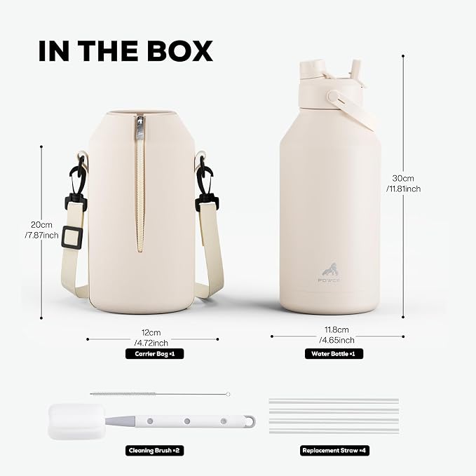 POWCAN 64 oz Water Bottle Insulated with 2-in-1 Straw and Spout Lid, Carrier Bag, Handle Strap, Leakproof, BPA-Free, Half Gallon Metal Water Bottle for Camping, Picnic and Hydration (Cream) - Image 4