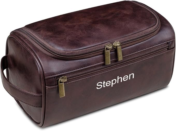 GOPHIE Personalized Embroidered Men's Leather Toiletry Bag,Travel Toiletry Bag for Men,PU Leather Waterproof Travel Shaving Dopp Kit (1, Coffee) by GOPHIE