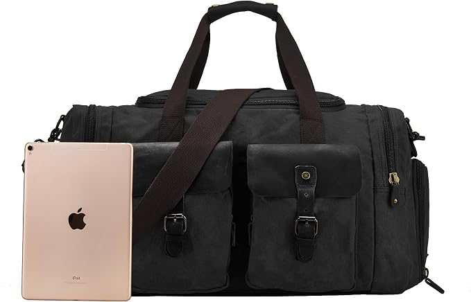 Waxed Canvas Duffel Bag with Shoe Compartment | Waxed Canvas Travel Bag for Men, Genuine Leather Trim, Shoe Compartment, Front Pockets, Weekend, Overnight and Carry-On Use - Image 5
