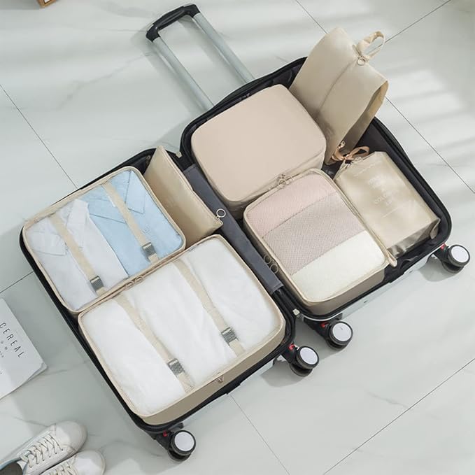 Travel organizer 7 in 1 Packing Cube For Travel Space Saver Laundry Cosmetics Luggage makeup Bag Organizers Set with Shoe Bag for travel (Beige) - Image 6
