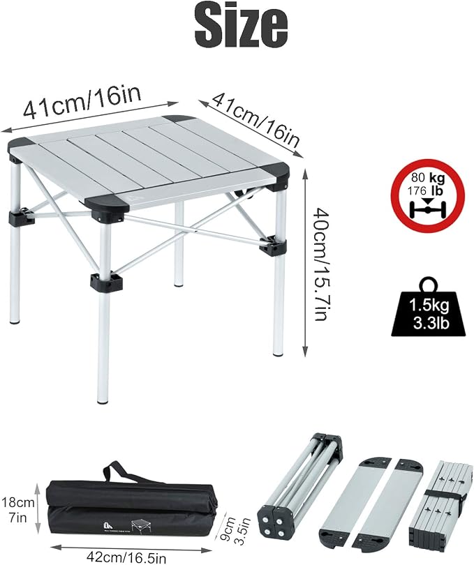 iClimb Lightweight Stable Alu. Folding Square Table Roll Up Top with Carry Bag for Camping Picnic Backyards BBQ Camp Kitchen (Silver, S) - Image 3