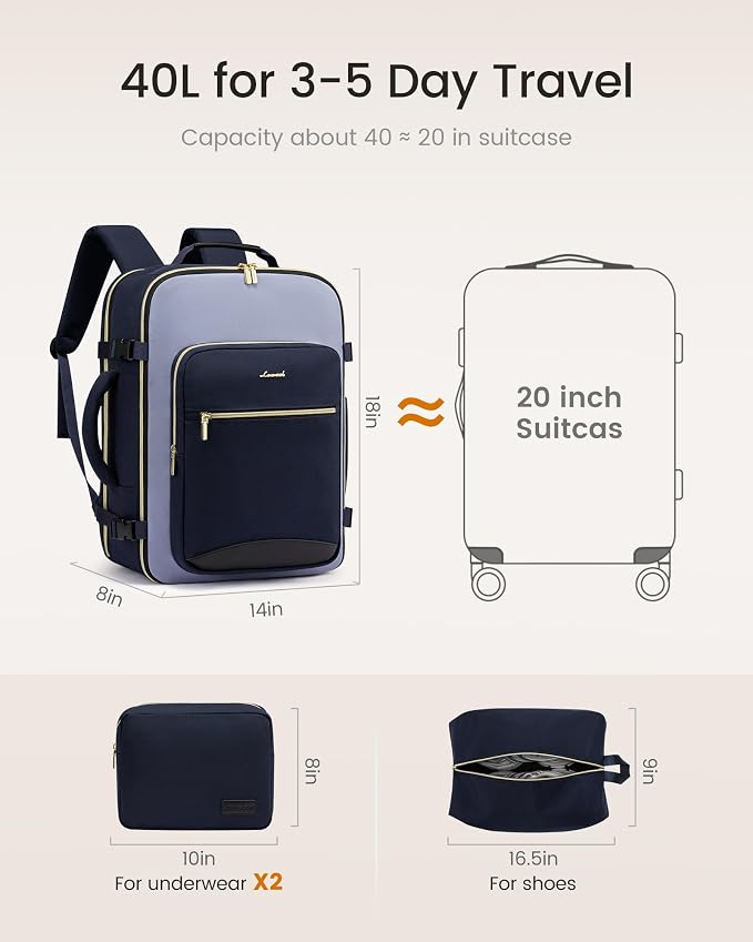 LOVEVOOK 40L Travel Backpack for Women & Men, Airline Approved Carry On Luggage with 3 Packing Cubes, TSA Overnight Bags, Waterproof Personal Item Bag, Weekender Essentials Backpacks fits 17" Laptop - Image 4