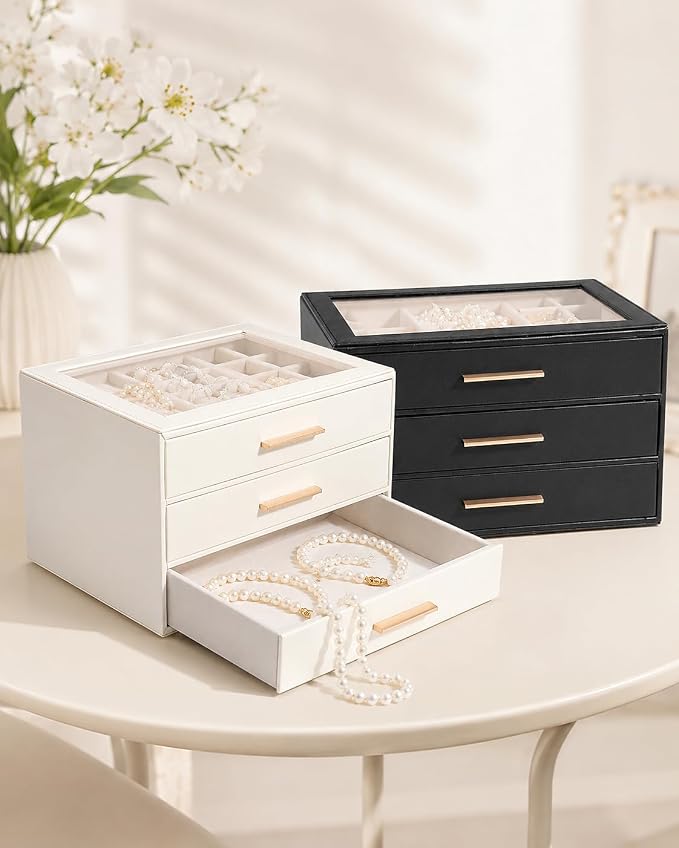 GUOER Jewelry Box for Women, Glass Lid Jewelry Organizer with 3 Drawers PU Jewelry Storage Case for Necklaces Rings Earrings Bracelets, Mother's Day, White - Image 7