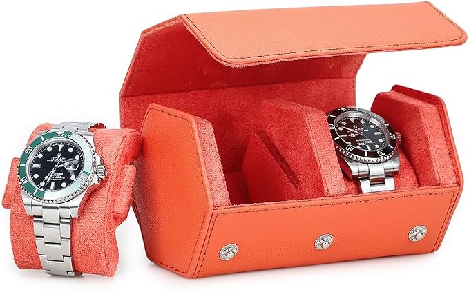 Hiram Genuine Leather Saffiano Watch Roll Travel Case, Leather 2-Watches Roll Case for Treasured Watches and Bracelets(Orange) by Hiram