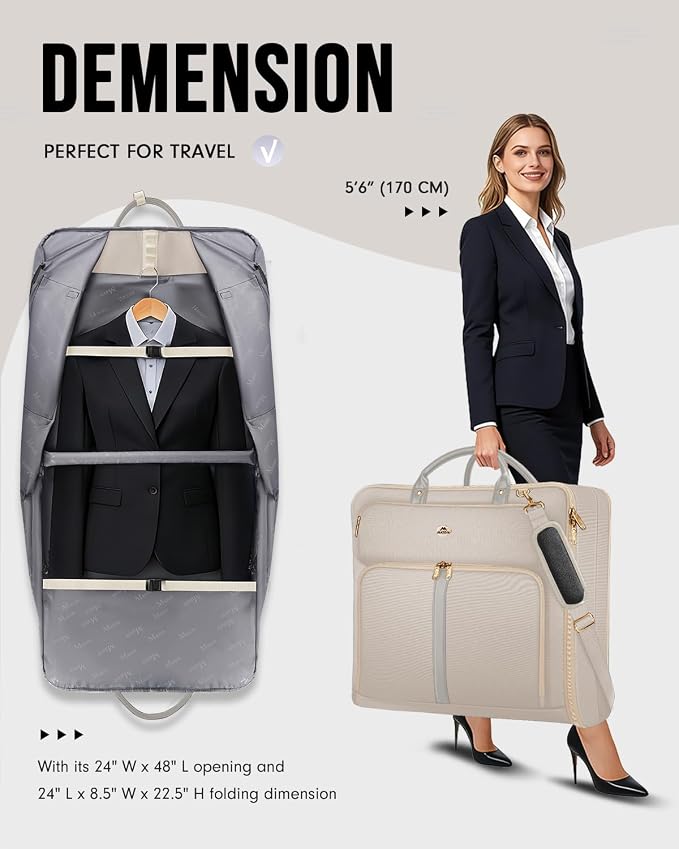 MATEIN Garment Bags for Travel for Women, Large Garment Bags for Hanging Clothes Up to 7 Suits, Business Convertible Travel Suit Carrier with Strap, Foldable Suitcase Luggage Fit 17.3" laptop, Beige - Image 5