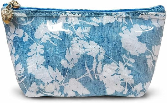 Jacaranda Living Small Cosmetic Bag - Water-Resistant, PVC-Lined, Compact & Travel Ready Make Up Bag, Easy to Clean - Floral Denim by JacarandaLiving