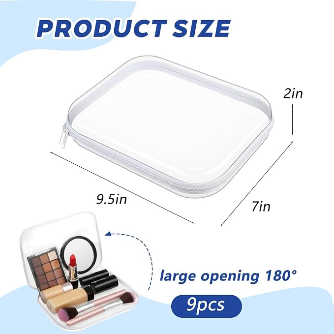 Dimore 9 Pack Medium Clear Hard Shell Zipper Case, 9.5x7x2 Inch Versatile PVC Organizer Box with Zipper, Multi-Purpose Storage Pouch for Makeup, Toiletries, Office Supplies, Chargers - Image 2