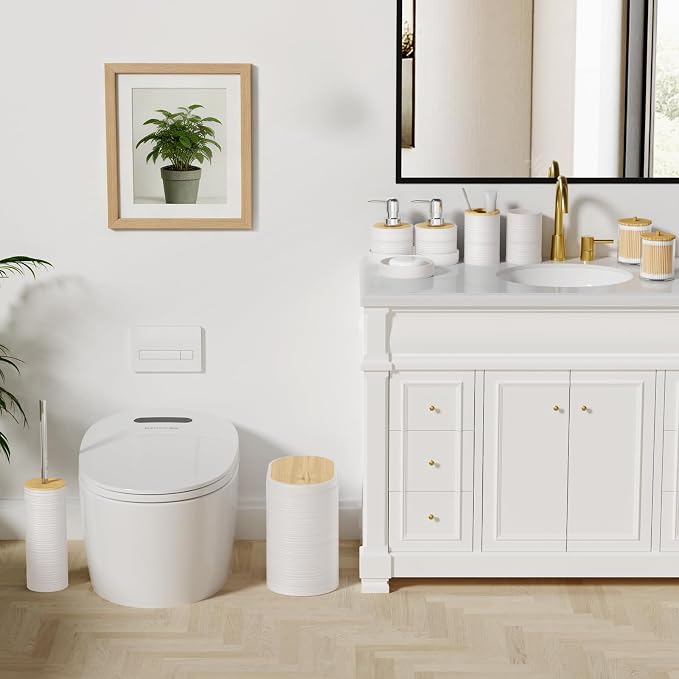 XLHOMO White Bathroom Set - 10PC Bathroom Accessories Set, Luxury Bathroom Accessory Set with Trash Can,Toilet Brush & 2 PC Soap Dispensers for Apartment Decor and Housewarming - Image 2