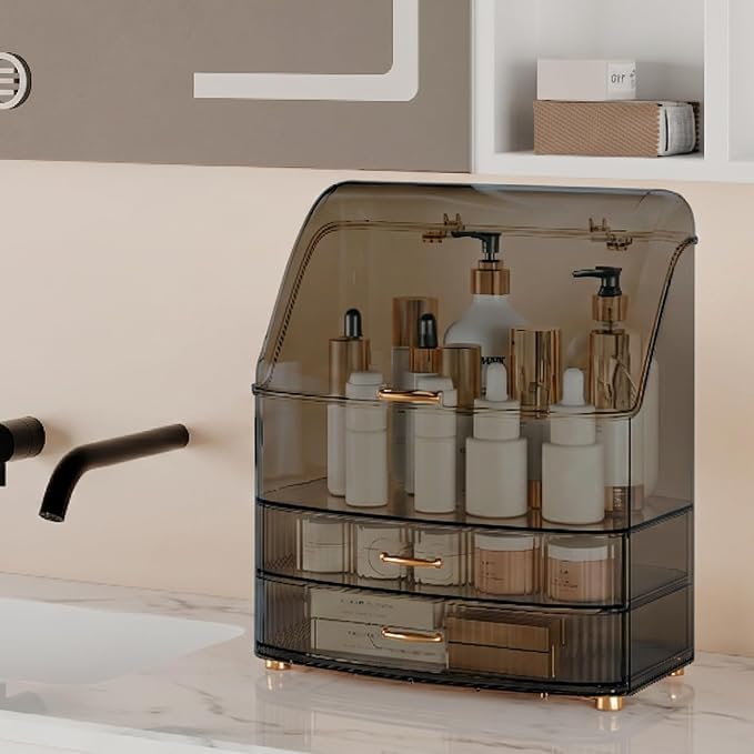Makeup Organizer Countertop Vanity with Transparent Lid Drawers Waterproof Dustproof Cosmetic Skincare Bathroom Storage Gift for Women Teens Girls (Clear Black) - Image 4