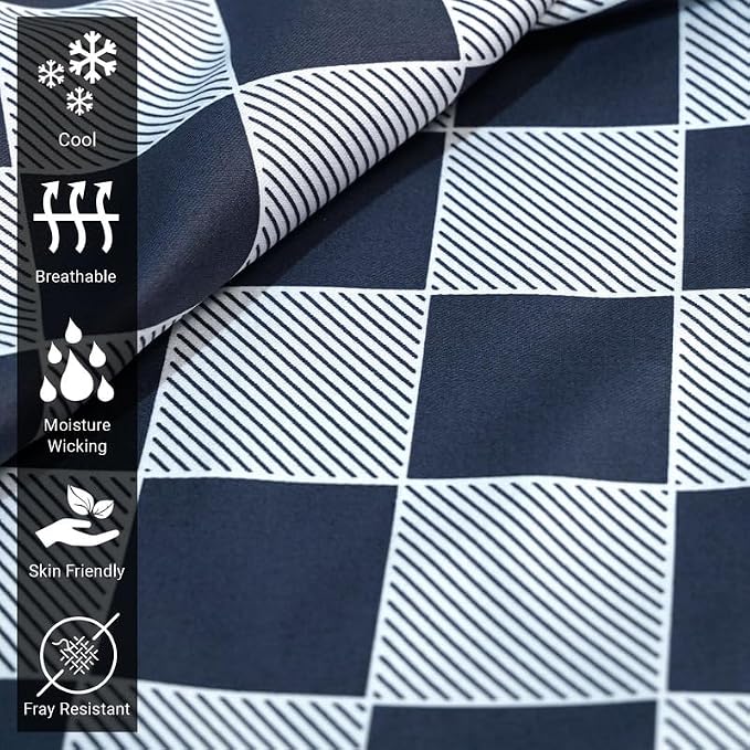 Pizuna Pure 100% Cotton Flat Sheets Only Queen Navy Smart Plaid (1 PC), Luxurious 400 Thread Count Long Staple Cotton Sateen with 4" Hem (Combed Queen Flat Sheet Only Cotton) - Image 2