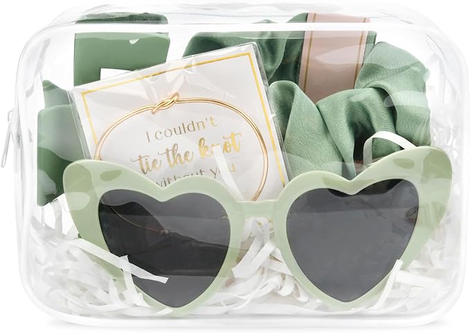 DEEKA 5 Pcs Bridesmaid Proposal Bag Set Gift Clear Makeup Toiletry Bag Bachelorette Party Favors Sunglasses Hair Claw Clips Scrunchies Knot Bracelets Bridal Wedding Party Gifts (Sage Green) by DEEKA