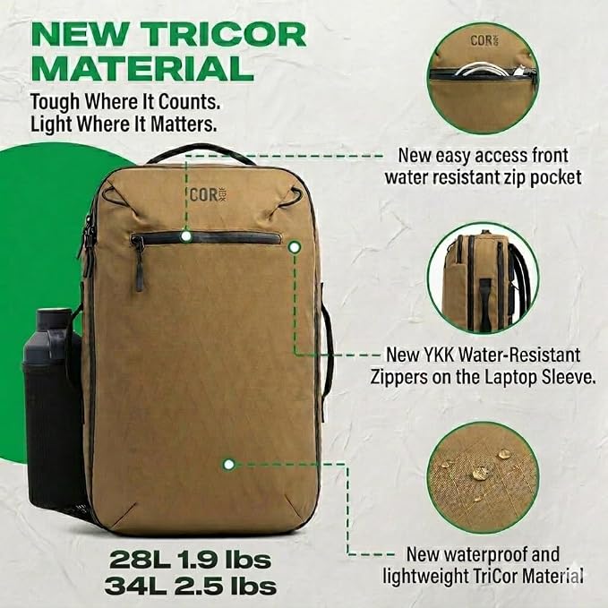 COR Surf Island Hopper TriCor™ Travel Backpack | Ultralight Carry On Backpack for Men & Women, Clamshell Suitcase Opening, Hidden Passport Pockets, Water Resistant, Laptop Travel Bag (28L Desert Sand) | Ultralight Diamond Grid Carry On for Men & Women,... - Image 2