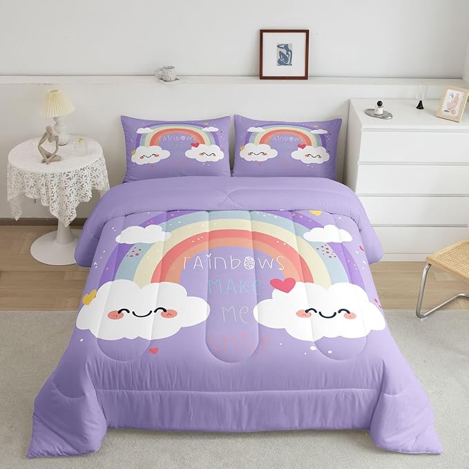 Erosebridal Rainbow Comforter Set for Kids, Cartoon Cloud Down Comforter Full Size Kawaii Rainbow Bedding Set for Girls Boys Teens Women, Cute Love Heart Duvet Sets for Bedroom Decor, Purple - Image 2