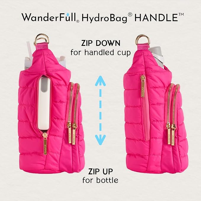 WanderFull Original HydroBag Handle®, Zipper Slot for Handle, 40 oz Water Bottle Holder with Strap - Crossbody Carrier Bag with Phone Pocket, Tumbler Accessories - Pink & Cream Strap - Image 5