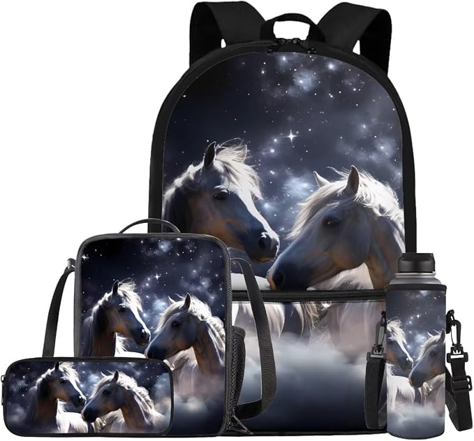 Galaxy Horse Backpack for Girls Boys Backpack with Lunch Box Water Bottle Bag and Big Pencil Pouch 4PCS Set Soft Bookbag with Front Pocket for School Teens 17 inch Sturdy School Bag for Kids by ELEDIZI