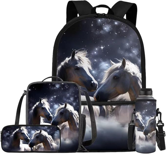 Galaxy Horse Backpack for Girls Boys Backpack with Lunch Box Water Bottle Bag and Big Pencil Pouch 4PCS Set Soft Bookbag with Front Pocket for School Teens 17 inch Sturdy School Bag for Kids by ELEDIZI