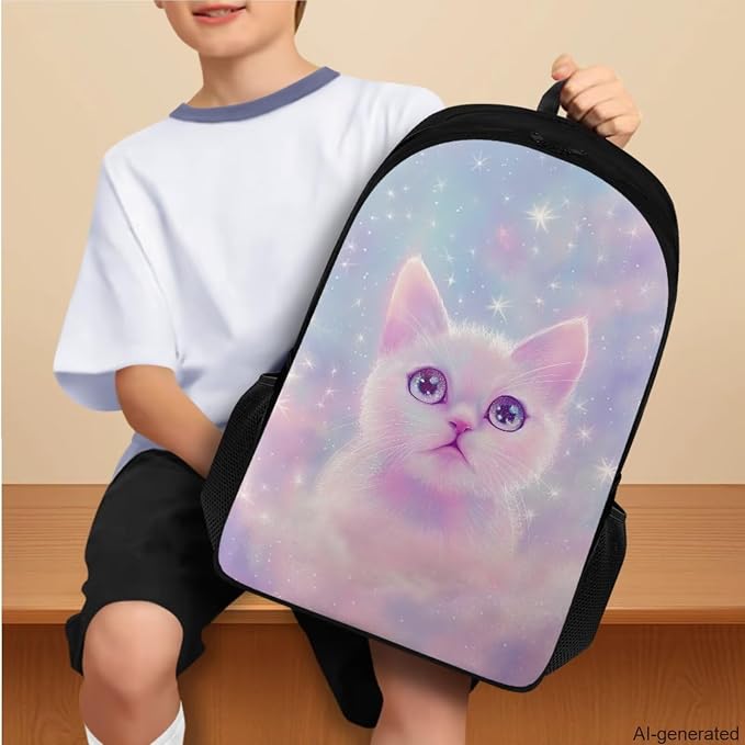 Aesthetic Galaxy Cat Backpack for School Girls Backpack with Lunch Box Water Bottle Bag and Soft Pencil Case 4PCS Set 17" Bookbag with Compartments Lightweight Elementary School Bag for Kids - Image 3