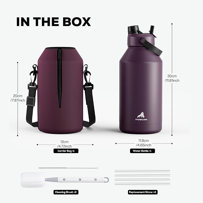 POWCAN 64 oz Insulated Water Bottle with 2-in-1 Straw & Spout Lid, Leakproof, Top Handle, Keep Cold 48H, BPA-Free, Brush, Metal Water Bottle with Carrier Bag for Work, Sports, Travel and Gym (Plum) - Image 4