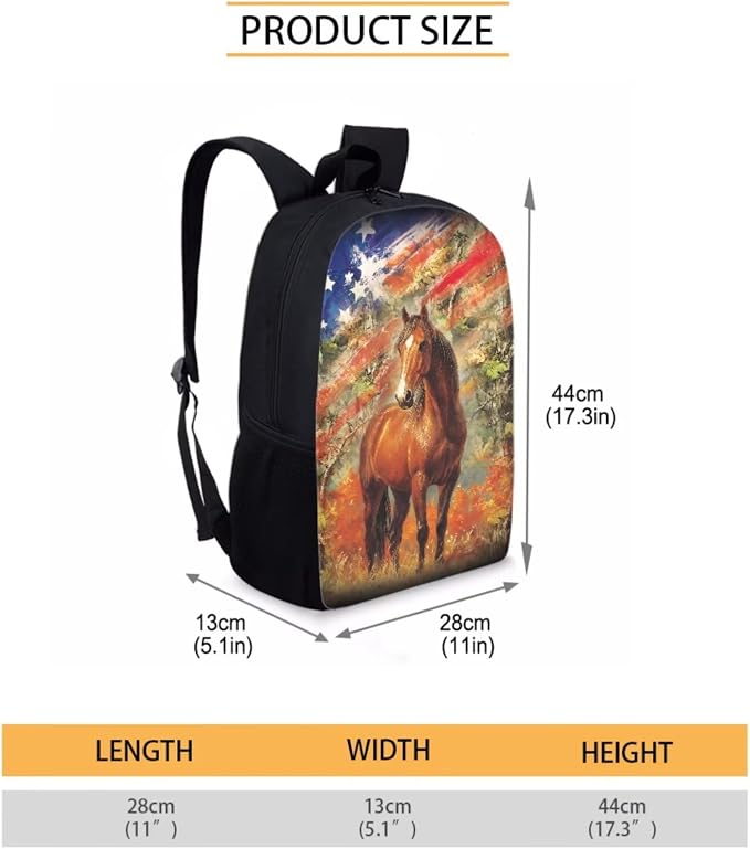 Patriotic American Flag Horse Print Children's Schoolbag Set Independence Day, Lightweight Knapsack Set with Lunch Box and Pen Bag, Large Durable Backpack Set for Primary and Middle School - Image 2