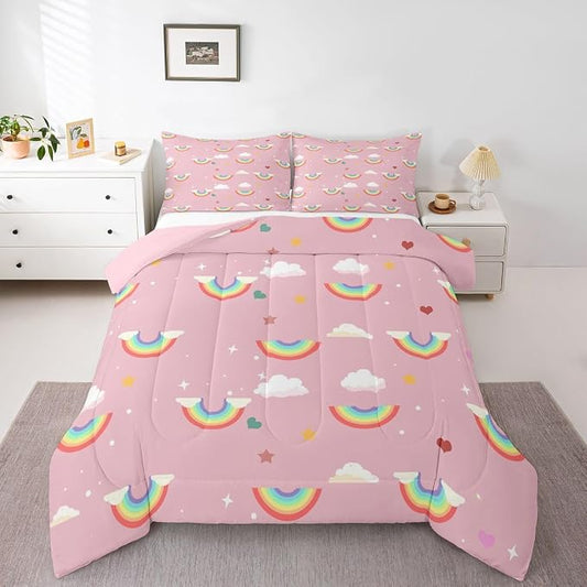 Erosebridal Rainbow Down Comforter Queen Size, Sparkly Galaxy Comforter Set for Kids Girls Boys Children Teens Women, Starry Sky Cloud Quilted Duvet Iridescent Stripes Bedding Set All-Season, Pink by Erosebridal