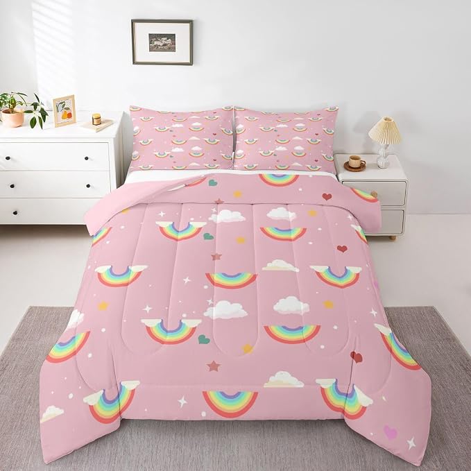 Erosebridal Rainbow Down Comforter Twin Size, Sparkly Galaxy Comforter Set for Kids Girls Boys Children Teens Women, Starry Sky Cloud Quilted Duvet Iridescent Stripes Bedding Set All-Season, Pink by Erosebridal