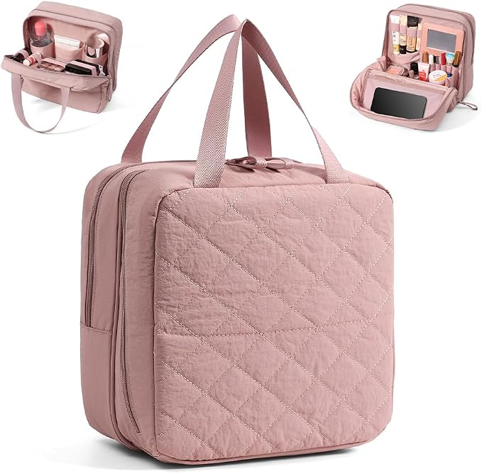 Geerlaqaly standing makeup bag, toiletry Bag 2-in-1 Women's Large Capacity Foldable Travel Makeup Storage Bag, Dry wet separation layer,Portable,pink by Geelraqaly
