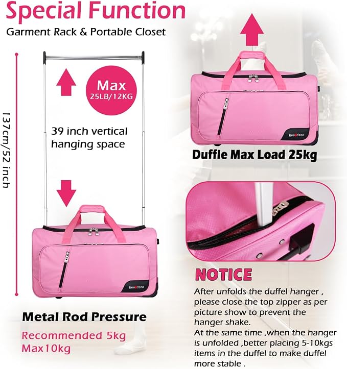 Dance Bag With Garment Rack,Dance Costumes Rolling Garment Bags For Travel,Garment Duffle Bag For Dance Competition, Wheeled Drop-Bottom Upright Luggage Closet Suitcase (23inch-Pink-E) - Image 5