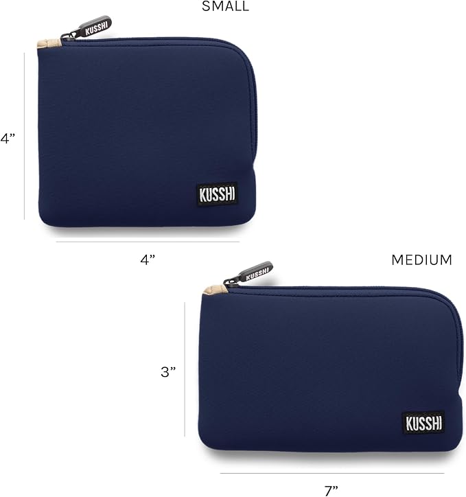 KUSSHI 2pc Neoprene On-The-Go Pouch Set - Passport Holder and Travel Zipper Makeup Pouch for Purse - Small Purse Pouch for Organization, Electronics, Glasses & Valuables (Navy/Khaki) - Image 2