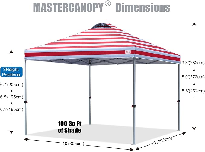 MASTERCANOPY 10x10 Pop Up Canopy Tent, 1 Person Setup Instant Shelter,Outdoor Portable Beach Canopy with Roller Bag, 4 Sandbags, 4 Ropes, 8 Stakes (10x10, Red Stripe) - Image 2