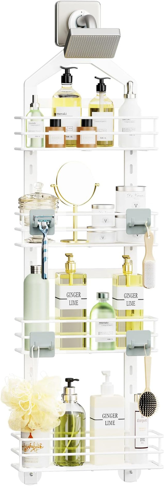 Orimade 4 Tier Adjustable Anti-slip Shower Caddy Over Shower Head, Rustproof Bathroom Hanging Organizer With 4 Hooks for Razor, No Drilling Shower Shelves Storage Rack, White by Orimade