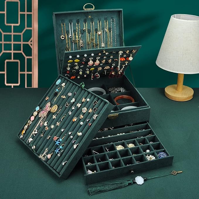 Jewelry Organizer 5 Layers Velvet Square Jewelry Box Women Necklace Ear studs Display Bangles Large Jewelry Storage Case Drawer GY306 (Green) - Image 2