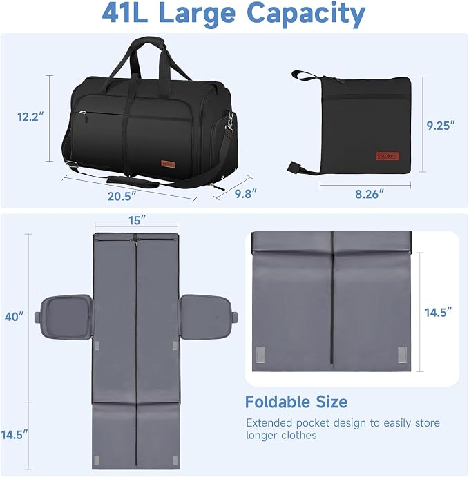 Ytonet Garment Bags for Travel, Foldable Garment Duffle Bags for Women men, Convertible Travel Garment Bag with Shoe Compartment, 2 in 1 Hanging Suitcase Suit Water Resistant Weekender Bag, Black - Image 2