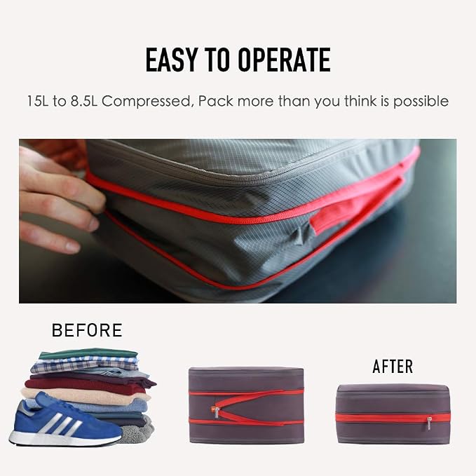 BeeNesting Compression Packing Cubes 2 Set for Travel Suitcase Organizer Accessories with Shoes Bag (M+L 9L/15L, BlackRed) - Image 2