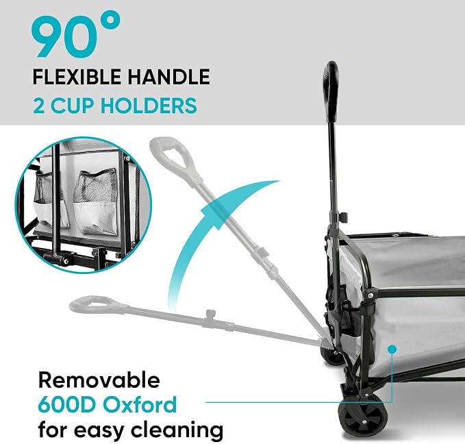 Collapsible Wagon with Quiet Wheels - Silent Grocery Shopping Cart for Seniors, Foldable Utility Cart for Laundry & Apartment, Washable Heavy Duty Rolling Wagon with Two Mesh Pockets, Gray - Image 5