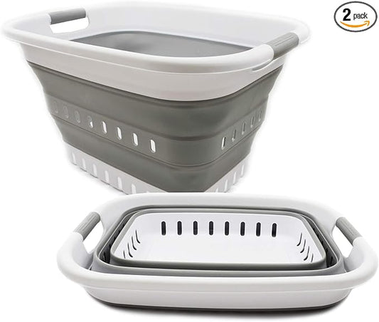 SAMMART 37L (9.77 gallon) Collapsible Plastic Laundry Basket - Foldable Pop Up Storage Container/Organizer - Portable Washing Tub - Space Saving Hamper/Basket (2, White/Grey) by SAMMART