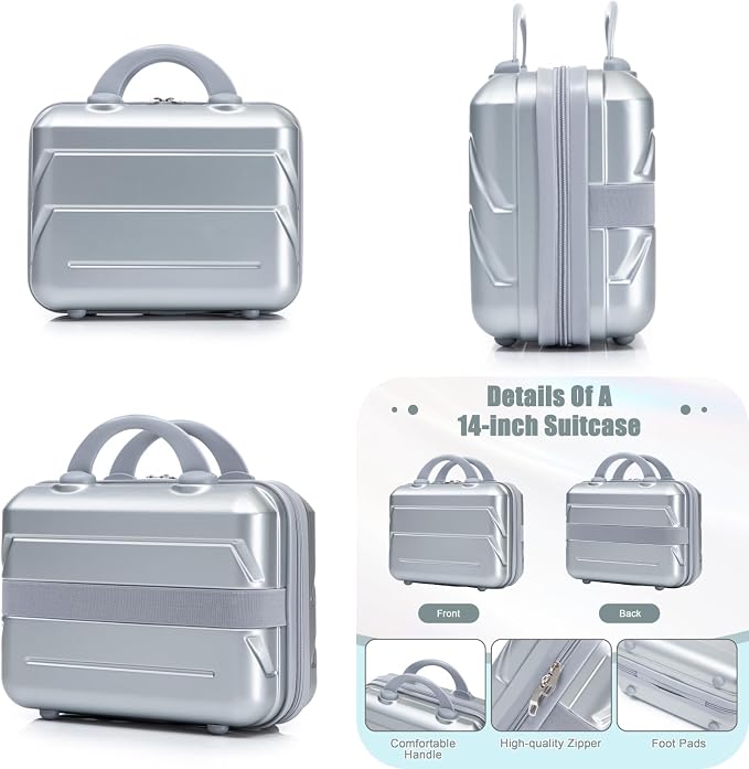 2-Piece ABS Hard Shell Lightweight Carry-On Luggage Set (14" & 20"), 360-Degree Spinner Wheels, Adjustable Telescopic Handle and Combination Lock for Travel, Silver - Image 6