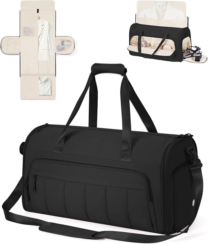 WANDF Convertible Garment Bags for Travel with Wet Pocket Carry on Garment Duffle Bag 2 in 1 Puffy Hanging Clothes Travel Bags with Shoe Compartment for Airplanes Business Weekend Gym Wedding (Black) by WANDF