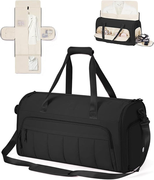 WANDF Convertible Garment Bags for Travel with Wet Pocket Carry on Garment Duffle Bag 2 in 1 Puffy Hanging Clothes Travel Bags with Shoe Compartment for Airplanes Business Weekend Gym Wedding (Black) by WANDF