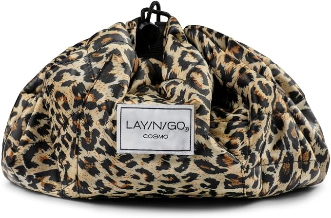 Lay-n-Go Cosmo Layflat Drawstring Cosmetic & Makeup Bag Organizer w/Zipper Pocket, Brush Loops & More, Cinch to Close, Lay Flat to Use, Durable, Machine Wash, Travel Toiletry Bag (20", Leopard) - Image 2