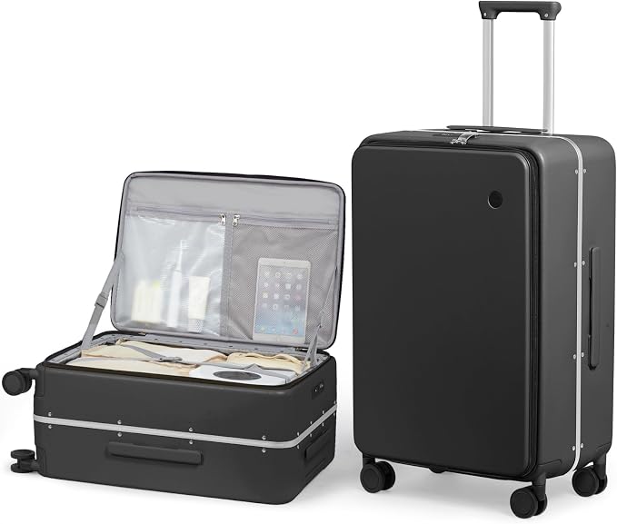 mixi 24 Inch Checked Luggage PC Hard Shell Suitcase Top Opening Aluminum Frame Travel Suitcases with Wheels, Blcak by MIXI