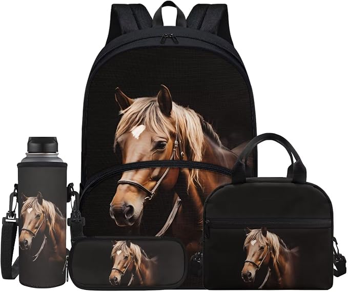 Horse Animal Kids Backpack with Lunch Box Pencil Bag Bottle Carrier Bag Sling Bags 4 Pcs Cute 3D Horse Fashion Backpack Sets for Boy Girl Middle School Primary Student Bookbag by FUIBENG