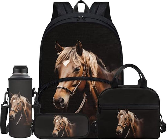 Horse Animal Kids Backpack with Lunch Box Pencil Bag Bottle Carrier Bag Sling Bags 4 Pcs Cute 3D Horse Fashion Backpack Sets for Boy Girl Middle School Primary Student Bookbag by FUIBENG