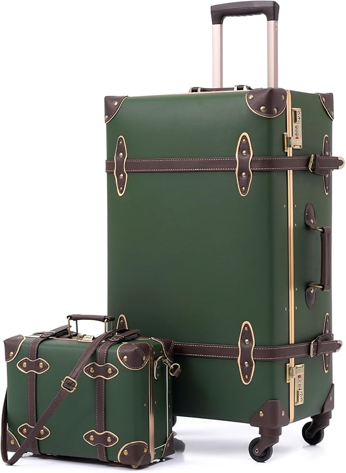 urecity Vintage Suitcase Set for Women, Vintage Luggage Sets for Women 2 Piece, Cute Designer Trunk Luggage, Retro Suit Case, Luggage Zipperless TSA Approved, Army Green, 20"+12" by urecity