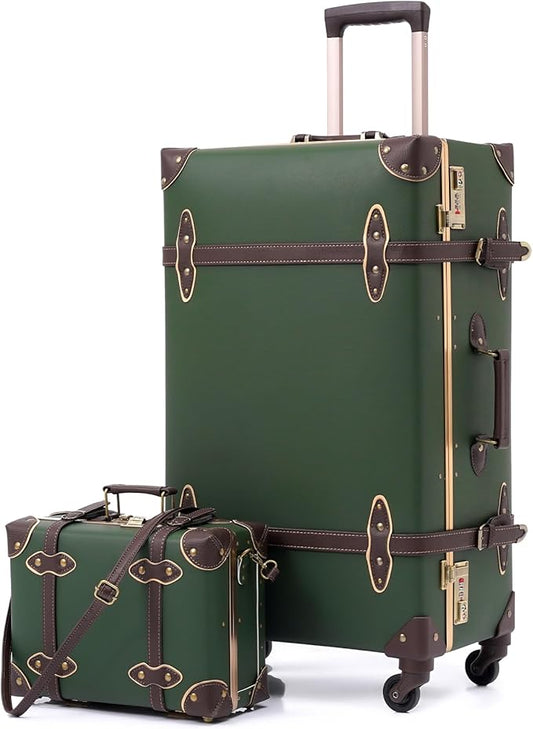 urecity 26" Vintage Luggage Set, 2 Piece Army Green Retro Checked Suitcase with Cosmetic Case, Luxury Vegan Leather Aluminum Frame Spinner Trunk for Women (with Protective Clear Cover) by urecity